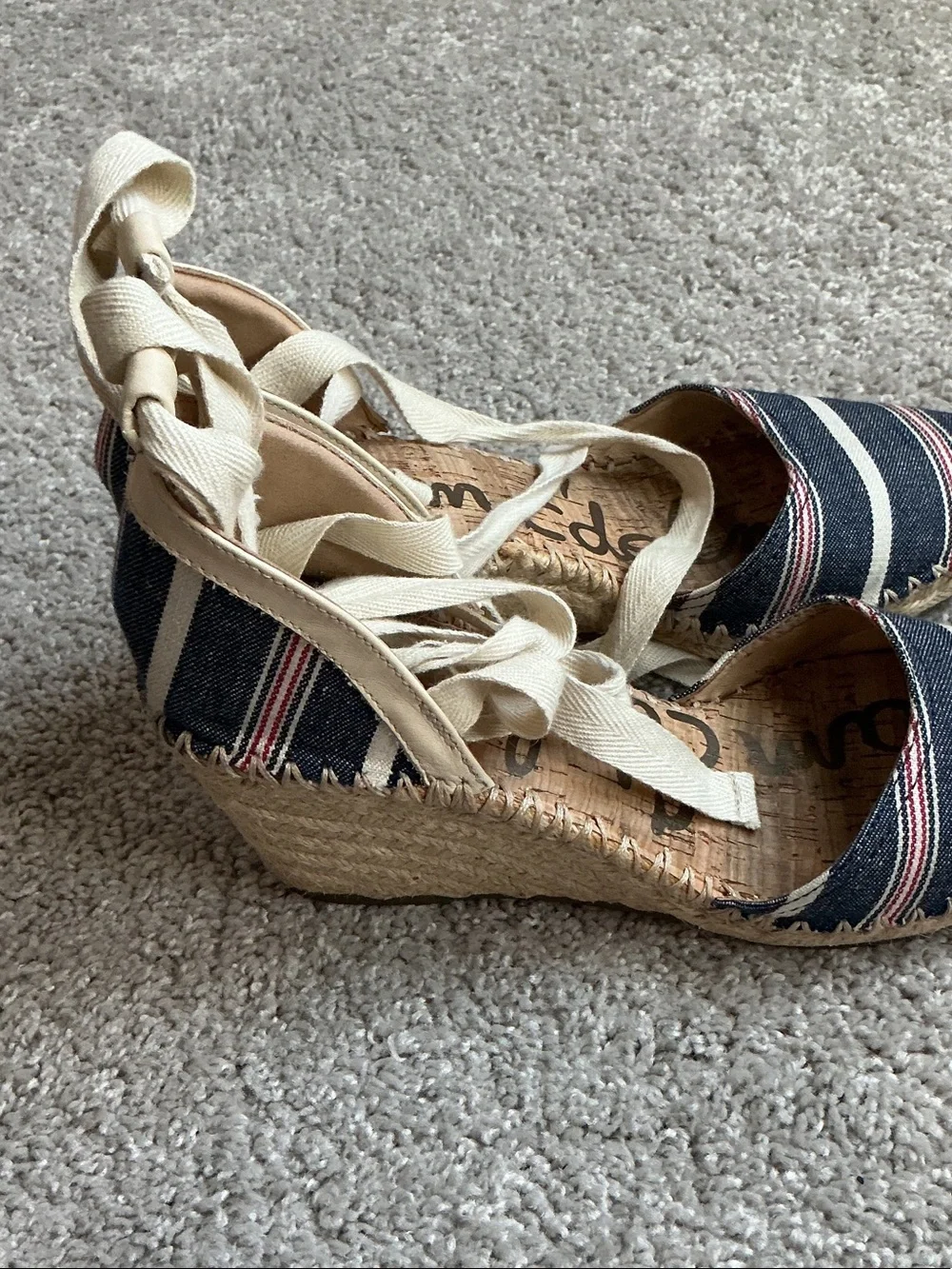 Sam Edelman Patsy Striped Canvas Espadrille Wedges with Ankle Ties - Navy Sz 9M